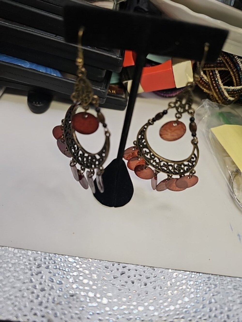 Earrings Pierced Chandelier French Wire Goldtone MOP Dyed Purple Shell 3.75"Inch